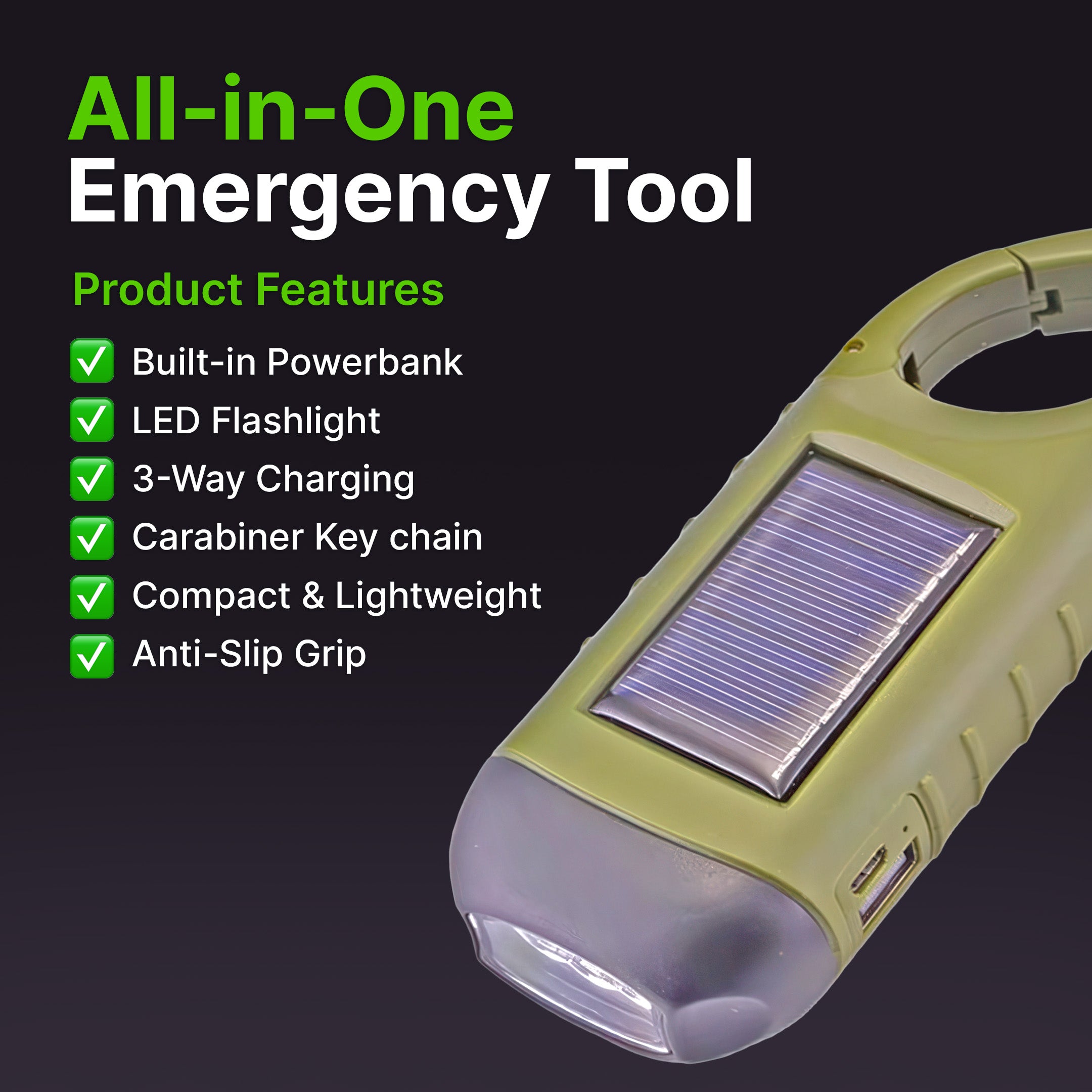 Solar Powered Hand Crank Flashlight with Powerbank